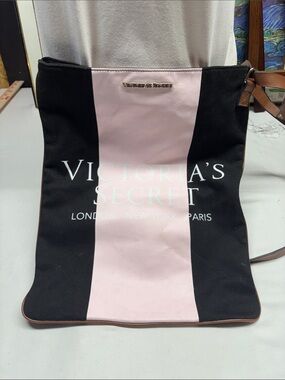 Victoria's Secret Black & Light Pink Vertical Stripe Tote